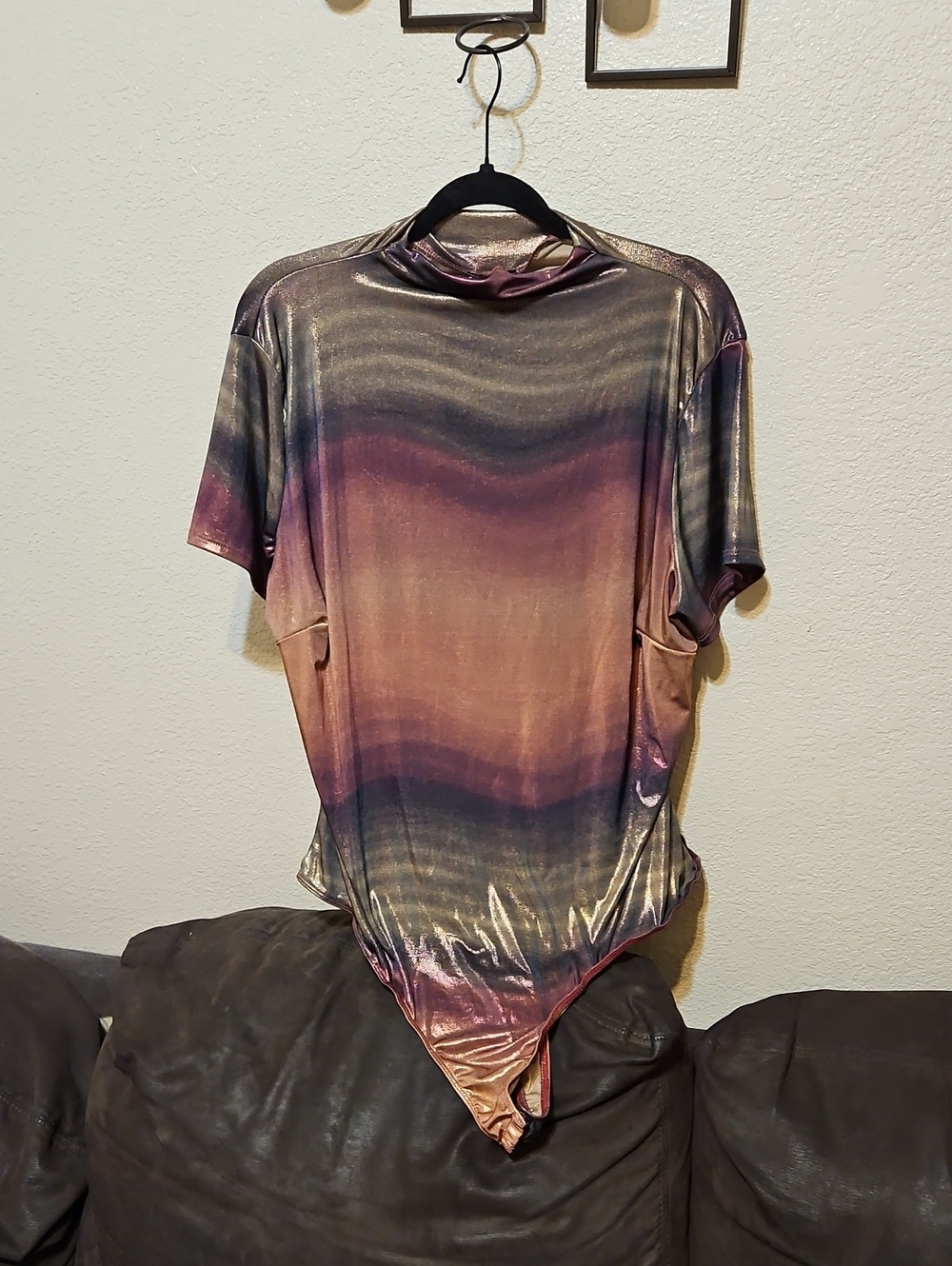 Fashion Nova Metallic Ombre Short-Sleeve Bodysuit in Purple and Gold